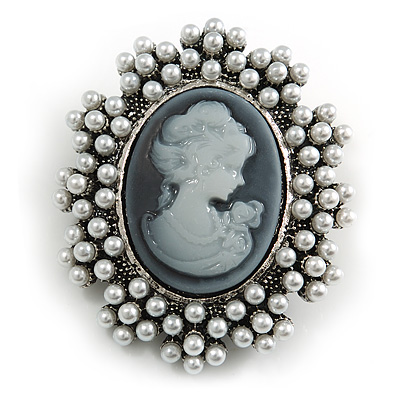 Vintage Inspired Faux Pearl Grey Cameo Brooch In Aged Silver Tone - 50mm L