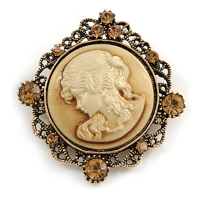 Vintage Inspired Topaz Crystal Round Beige Cameo Brooch In Aged Gold Metal - 50mm Tall