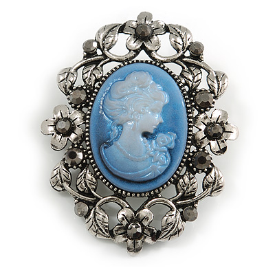 Vintage Inspired Hematite Diamante Blue Cameo Brooch in Aged Silver Tone - 55mm Long