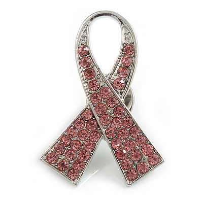 Pink Crystal Breast Cancer Awareness Ribbon Pin In Silver Tone - 40mm Tall