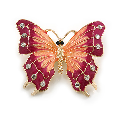 Large Plum Purple/ Pink Enamel, Crystal Butterfly Brooch In Gold Plating - 50mm Across - main view