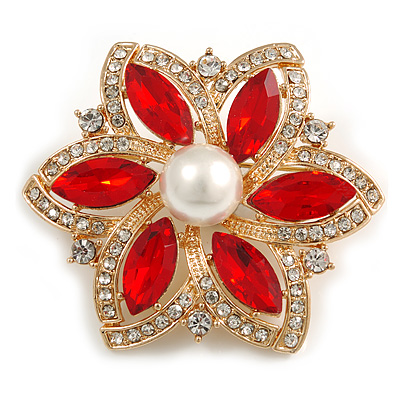 Red/ Clear Glass Crystal Flower Brooch In Gold Tone - 55mm Across