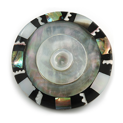 40mm L/Round Sea Shell Brooch/Silver/Grey/Black/Abalone Shades/ Handmade/ Slight Variation In Colour/Natural Irregularities