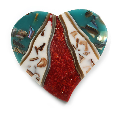 40mm L/Heart Shape Sea Shell Brooch/Teal/Red/White Shades/ Handmade/ Slight Variation In Colour/Natural Irregularities - main view