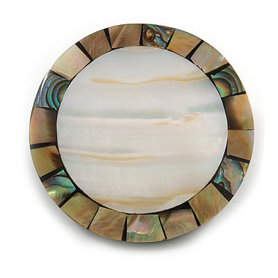 40mm L/Round Sea Shell Brooch/Silvery/Natural/Abalone Shades/ Handmade/ Slight Variation In Colour/Natural Irregularities