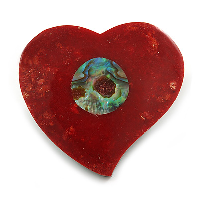 40mm L/Heart Shape Sea Shell Brooch/Red/Abalone Shades/ Handmade/ Slight Variation In Colour/Natural Irregularities - main view