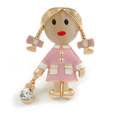 Funky Pink Enamel/ Acrylic Bead Doll Brooch with Crystal Purse In Gold Tone Metal/ 40mm L