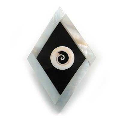 55mm L/Diamond Shape Sea Shell Brooch/ White/Black Colours/ Handmade/ Slight Variation In Colour/Natural Irregularities