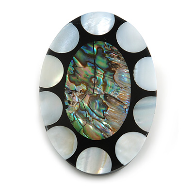 45mm L/Oval Sea Shell Brooch/ Silver/Black/Abalone Colours/ Handmade/Slight Variation In Colour/Natural Irregularities