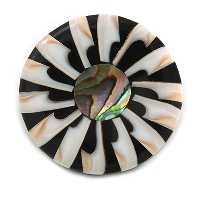 40mm L/Round Sea Shell Brooch/Black/White/Abalone Shades/ Handmade/ Slight Variation In Colour/Natural Irregularities