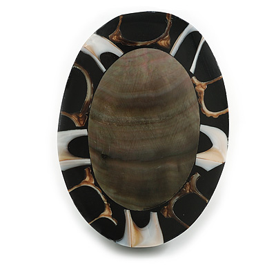 45mm L/Oval Sea Shell Brooch/Black/White/Grey Colours/ Handmade/Slight Variation In Colour/Natural Irregularities