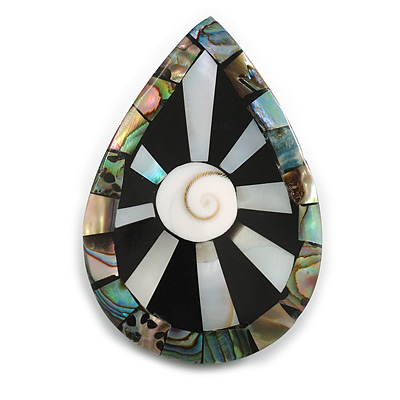 45mm L/Teardrop Shape Sea Shell Brooch/Black/White/Abalone Shades/ Handmade/ Slight Variation In Colour/Natural Irregularities