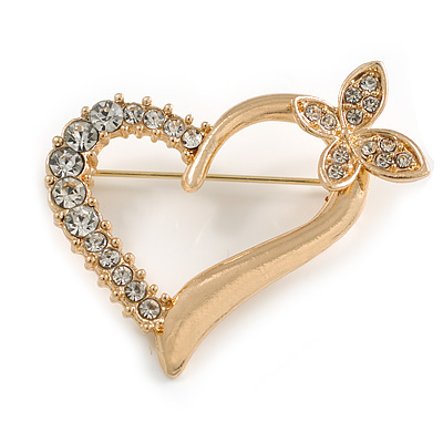 Open Diamante Heart&Butterfly Brooch In Gold Tone - 4cm Tall