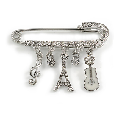 Medium Silver Tone Crystal Safety Pin Brooch with Musical Note, Eiffel Tower Charms/50mm