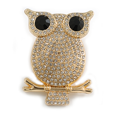Crystal Owl Magnetic Scarves/ Shawls/ Ponchos Brooch In Gold Tone - 55mm Tall