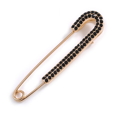 Classic Black Austrian Crystal Safety Pin Brooch In Gold Tone - 75mm Across - main view