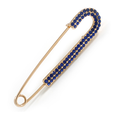 Classic Sapphire Blue Austrian Crystal Safety Pin Brooch In Gold Tone - 75mm Across