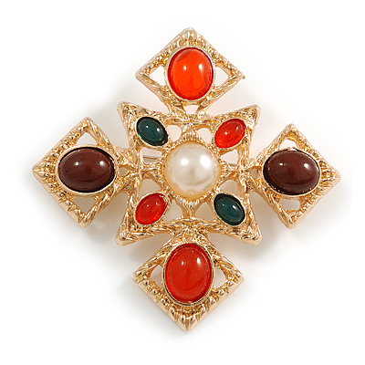 Vintage Inspired Multicoloured Glass Stone Faux Pearl Cross Brooch In Gold Tone - 55mm Across