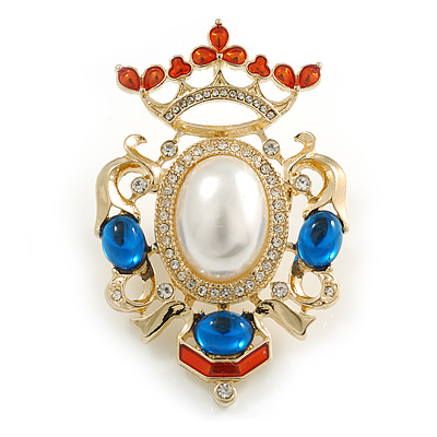 Vintage Inspired Blue Glass, Clear Crystal, White Faux Pearl Royal Style Brooch/ Pendant in Gold Tone - 55mm Tall