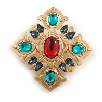 Vintage Inspired Red/ Green Glass Bead Blue Crystal Diamond Shape Brooch in Gold Tone - 55mm Tall - main view