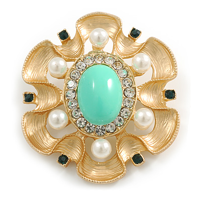 Oval Beaded Pearl Crystal Brooch in Light Gold Tone Metal/ Light Green/ White - 50mm Tall