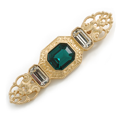 Vintage Inspired Green/ Clear Glass Stone Medal Style Brooch in Light Gold Tone - 65mm Across