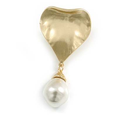 Vintage Inspired Hammered Concave Heart with Pearl Dangle Bead Brooch in Light Gold Tone - 70mm Long - main view