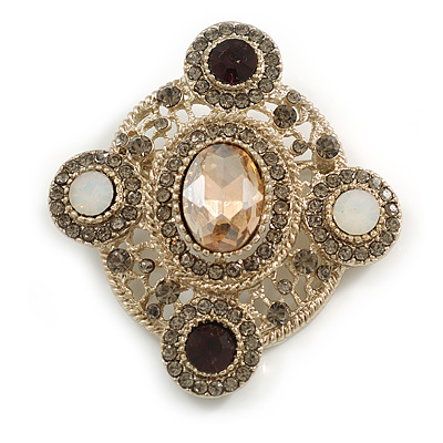 Vintage Inspired Oval Crystad Brooch in Gold Tone Metal/ Grey/ Citrine/Milky White/Brown - 50mm Across - main view