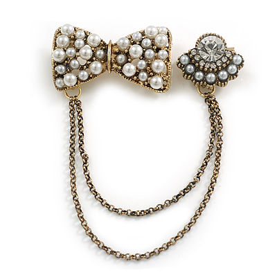 Vintage Inspired Bow and Crystal Bead Chain Brooch In Aged Gold Tone Finish