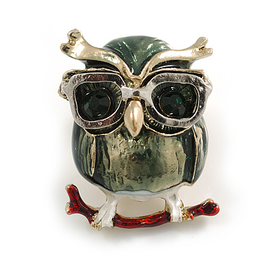 Small Funky Enamel Owl in The Glasses in Gold Tone - 30mm Tall
