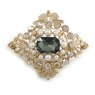 Vintage Inspired Crystal and Faux Pearl Bead Diamond Shape Brooch In Gold Tone - 50mm Across