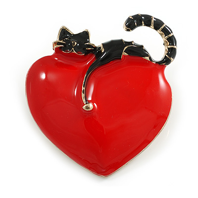 Black Cat with Red Heart Enamel Brooch in Gold Tone Metal - 40mm Tall
