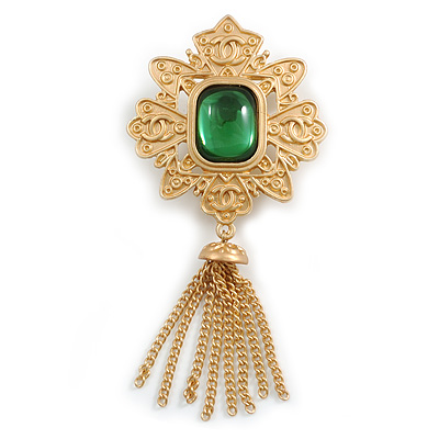 Vintage Inspired Green Glass Stone Tassel Square Royal Style Brooch in Matte Gold Tone - 70mm Drop