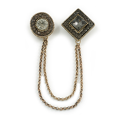 Vintage Inspired Geometric Grey Crystal Bead Chain Brooch In Aged Gold Tone Finish