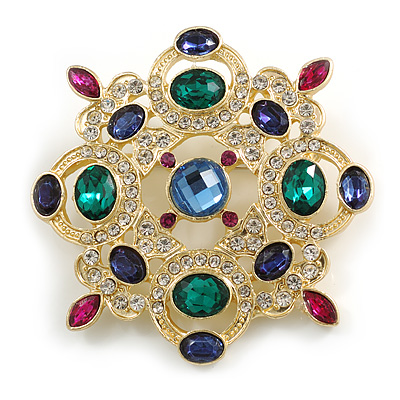 Vintage Inspired Multicoloured Crystal Square Brooch In Gold Tone - 55mm Across