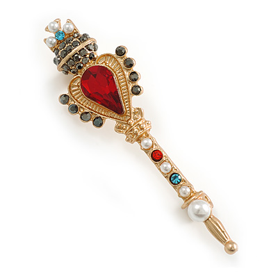 Multicoloured Crystal Pearl Royal Scepter Brooch in Matte Gold Tone Finish - 65mm Long