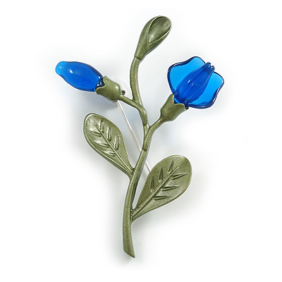 Charming Cornflower Floral Brooch in Green/ Blue - 60mm Tall