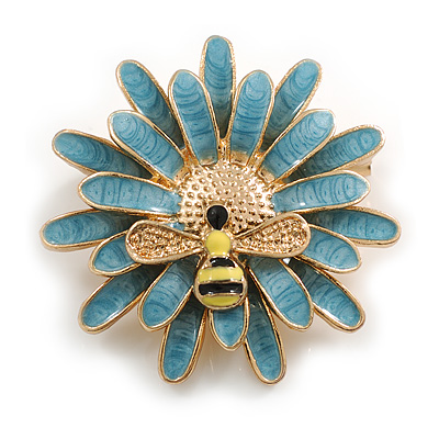 Pretty Light Blue Enamel Flower with Bee Brooch In Gold Tone Metal - 35mm Diameter