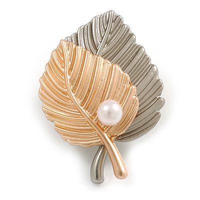 Romantic Double Leaf with Pearl Bead Brooch in Gold/ Grey Tone Metal - 40mm Long