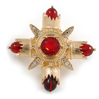 Vintage Inspired Statement Red/Clear Glass/ Crystal Bead Cross Brooch in Gold Tone - 60mm Across