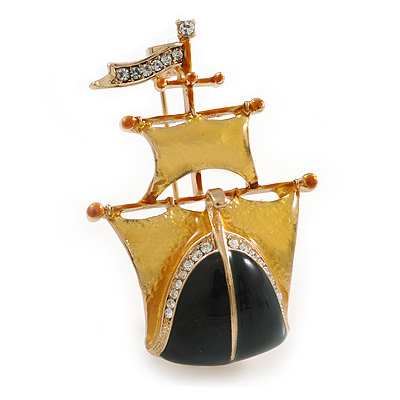 Yellow Gold/ Black Crystal Sailing-ship Brooch in Gold Tone - 45mm Tall