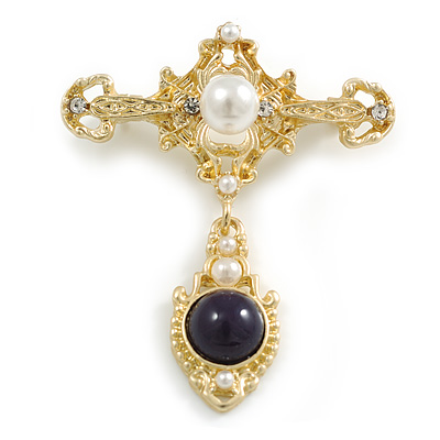 Vintage Inspired Faux Pearl, Blue Stone Bead Medal Style Brooch in Light Gold Tone - 45mm Across
