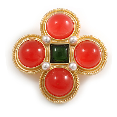 Vintage Inspired Red/ Dark Green Glass Stones and Pearl Square Brooch in Gold Tone Metal - 45mm Across