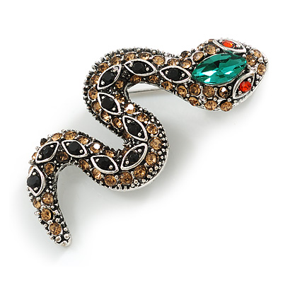 Vintage Inspired Crystal Snake Brooch in Aged Silver Tone - 40mm Long - main view