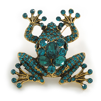 Green Crystal Frog Brooch in Aged Gold Tone Metal - 45mm Long