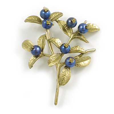 Charming Blueberry Floral Brooch in Olive Green/ Blue - 55mm Tall