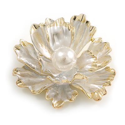 Large Dimentional White Pearl Flower Brooch/ Pendant in Gold Tone Metal - 50mm Across