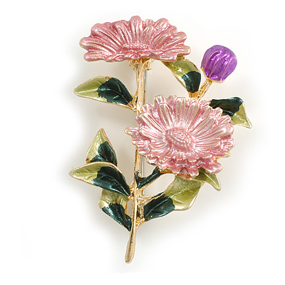 Pink/ Green Enamel Floral/ Daisy Flower Brooch in Gold Tone - 50mm Tall - main view