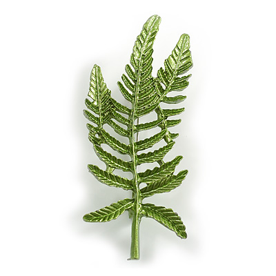 Large Green Enamel Fern Leaf Brooch In Silver Tone - 70mm Long
