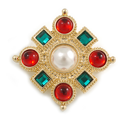 Vintage Inspired Red/ Green Crystal and White Faux Pearl Square Brooch in Gold Tone - 35mm Across